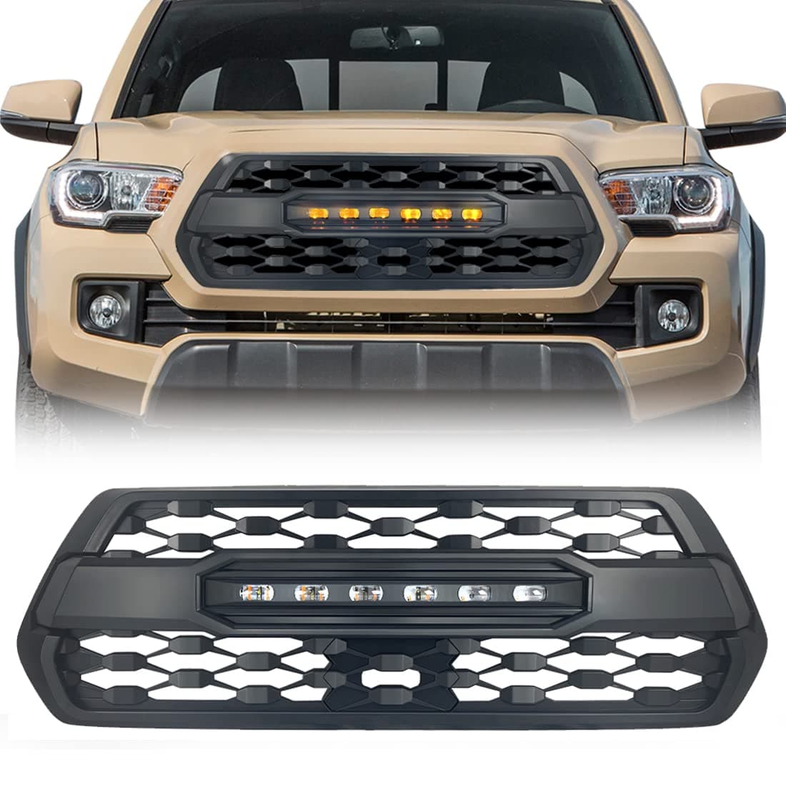 TRD Pro Style Grille Compatible with Tacoma 2016 2017 2018 2019 2020 2021, Matte Black Front Grill with LED Off-Road Lights, Not for Trucks w/Radar Behind Emblem