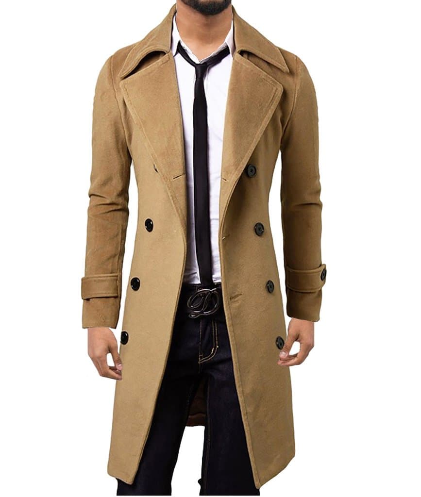 Mens Winter Trench Coat Long Jacket Double Breasted Overcoat Light Brown XS