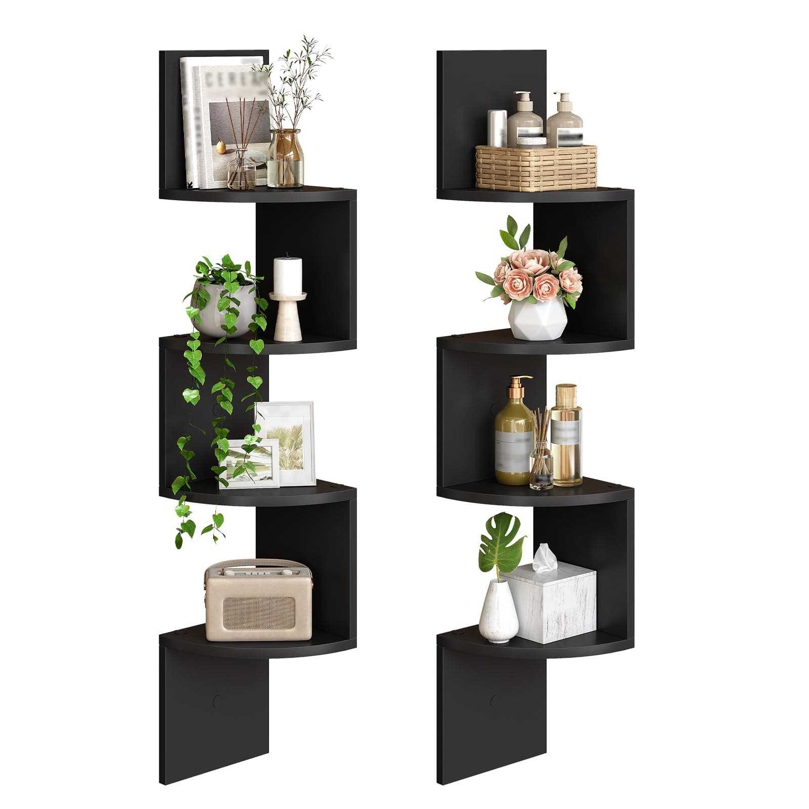 HOOBRO Corner Shelf Wall-Mounted, Set of 2 Floating Corner Shelves for Wall, 4-Tier Corner Bookshelves for Living Room, Bedroom, Bathroom, Home Office, Black BK25BJP201