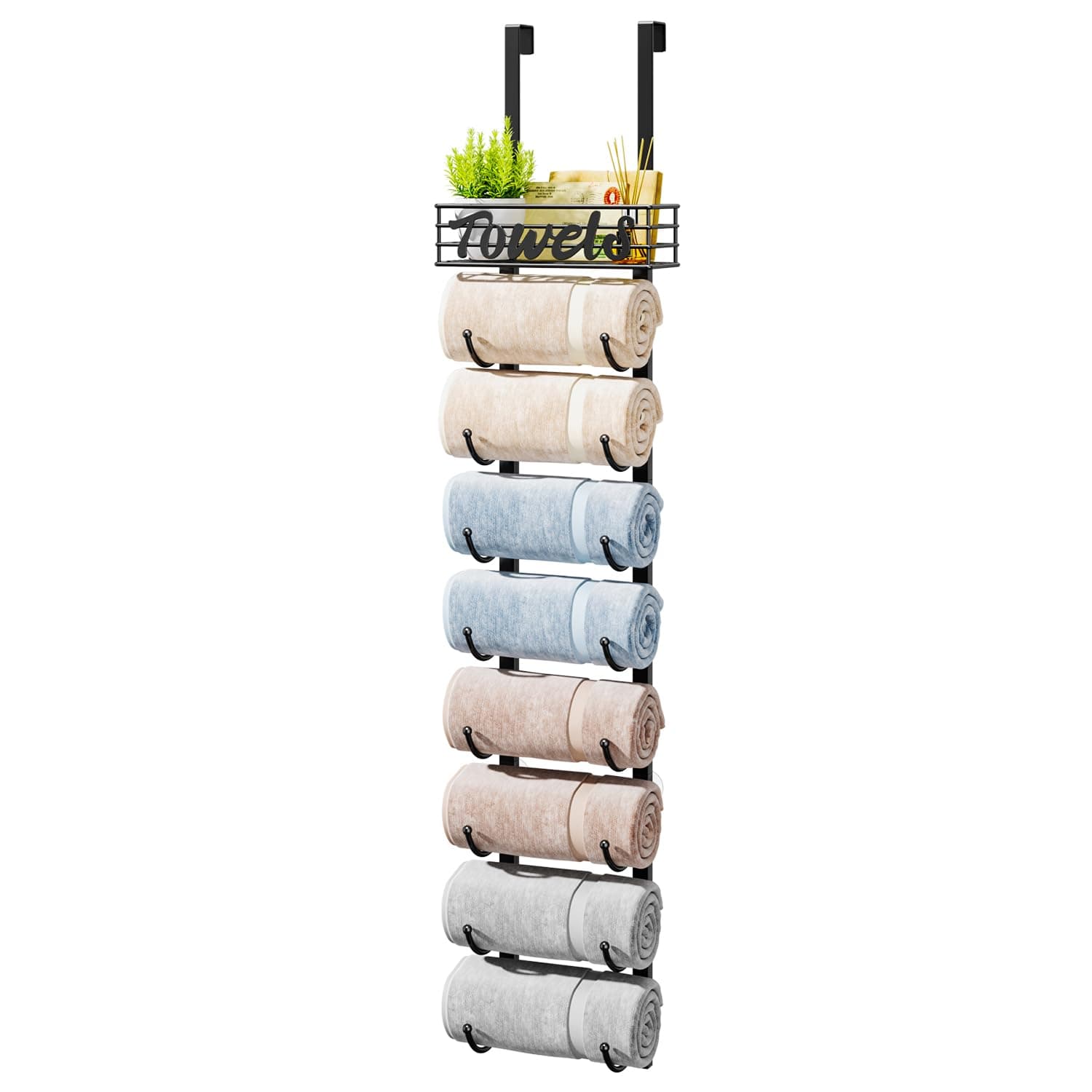 HapiRm Towel Racks for Bathroom Storage - 9 Tier Over The Door & Wall Mount Rolled Towel Storage Organizer Holder with Metal Shelf Basket for Small Bathroom, Camper, Rv - Black, Patented