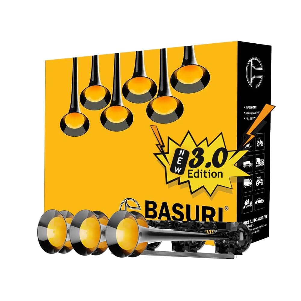BASURI® Musical Air Horn | 12 & 24 Volt | 130 DB | Version (Baby Shark 3.0) 20 Super Loud Melodies (Sounds) 6 Pipe (Trumpets) For Bus, Truck and Heavy Duty Vehicles