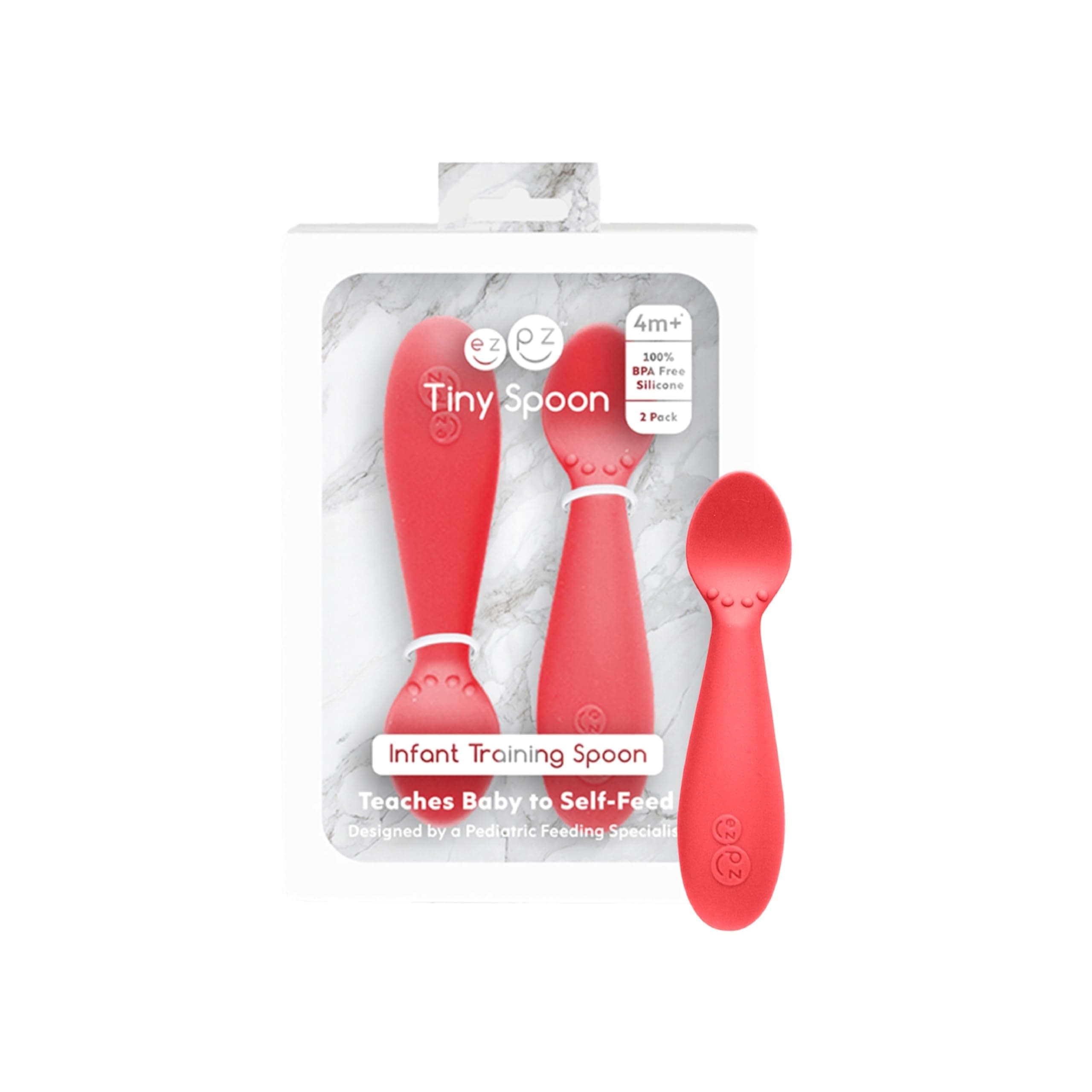 Ezpz Tiny Spoon - 100% Food Grade Silicone Self Feeding Spoon for Baby Led Weaning + Purees - Designed by a Pediatric Feeding Specialist - Sensory Bumps - Set of 2 Dip Spoons for 4 Months+ (Coral)