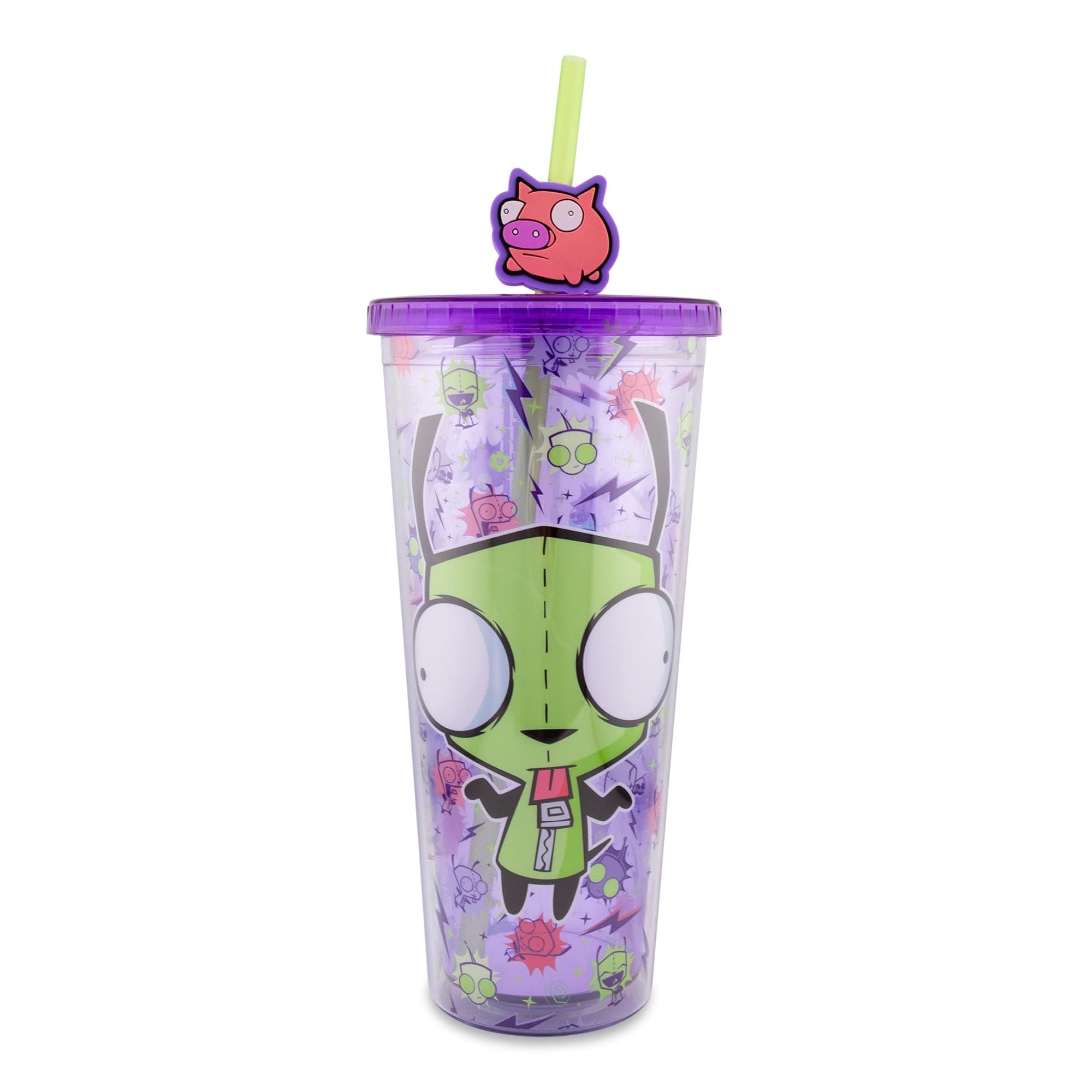 Silver Buffalo Invader Zim Plastic Cold Cup with Lid and Straw Topper Featuring GIR, 24 Ounces