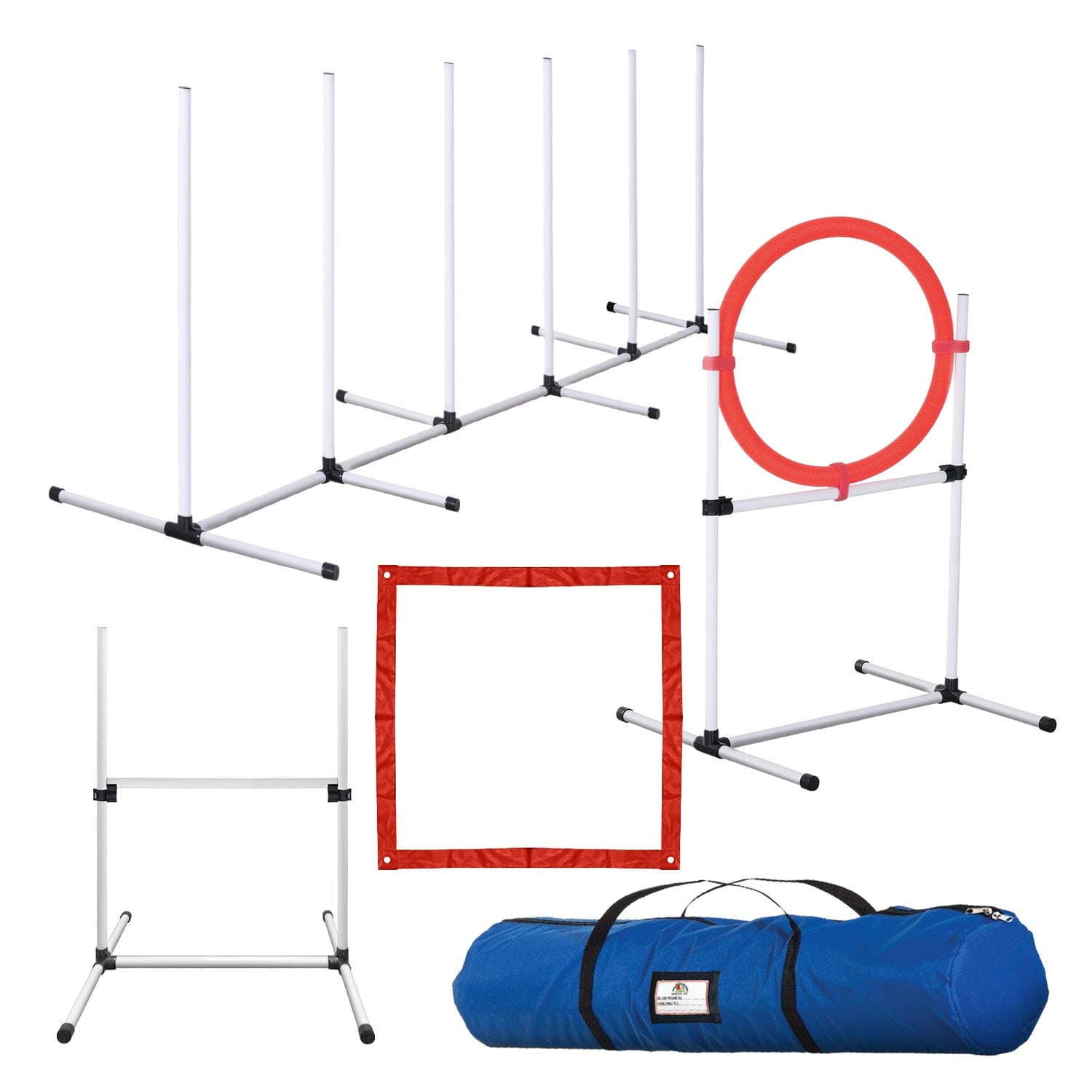 Dog Obstacle Course, 4 Piece Dog Agility Equipment Includes Dog Jump, Tire Jump, Pause Box and Weave Poles with Carrying Case, Indoor or Outdoor Dog Agility Training