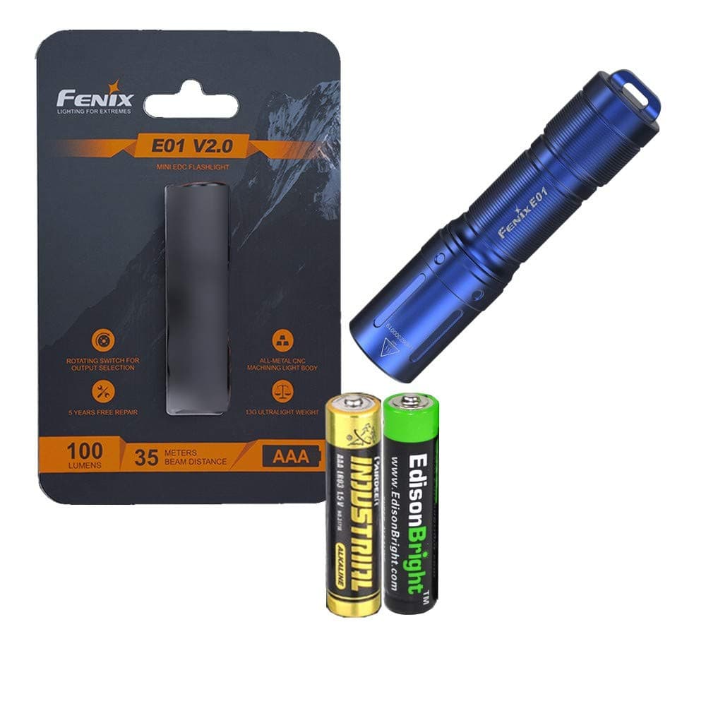 E01 V2 100 Lumen LED flashlight with EdisonBright AAA alkaline battery bundle (Blue)