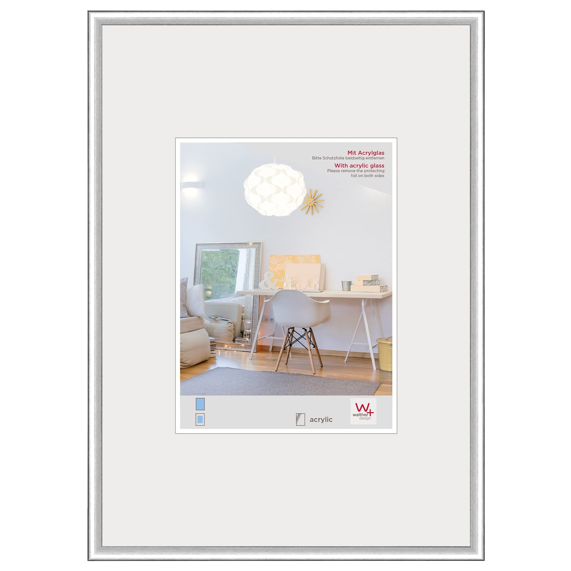 walther Design Picture Frame Silver 42 x 59,4 cm (DIN A2) with Art Glass, New Lifestyle Plastic Frame KVX426S
