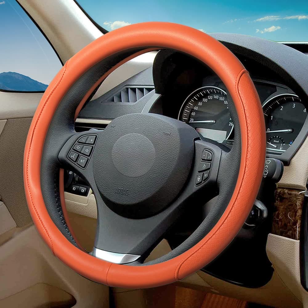 VARGTR Microfiber Leather Steering Wheel Cover with Classic Embossing, Anti-Slip Breathable Auto Car Wheel Protector, Fit 15 Inch (Orange)