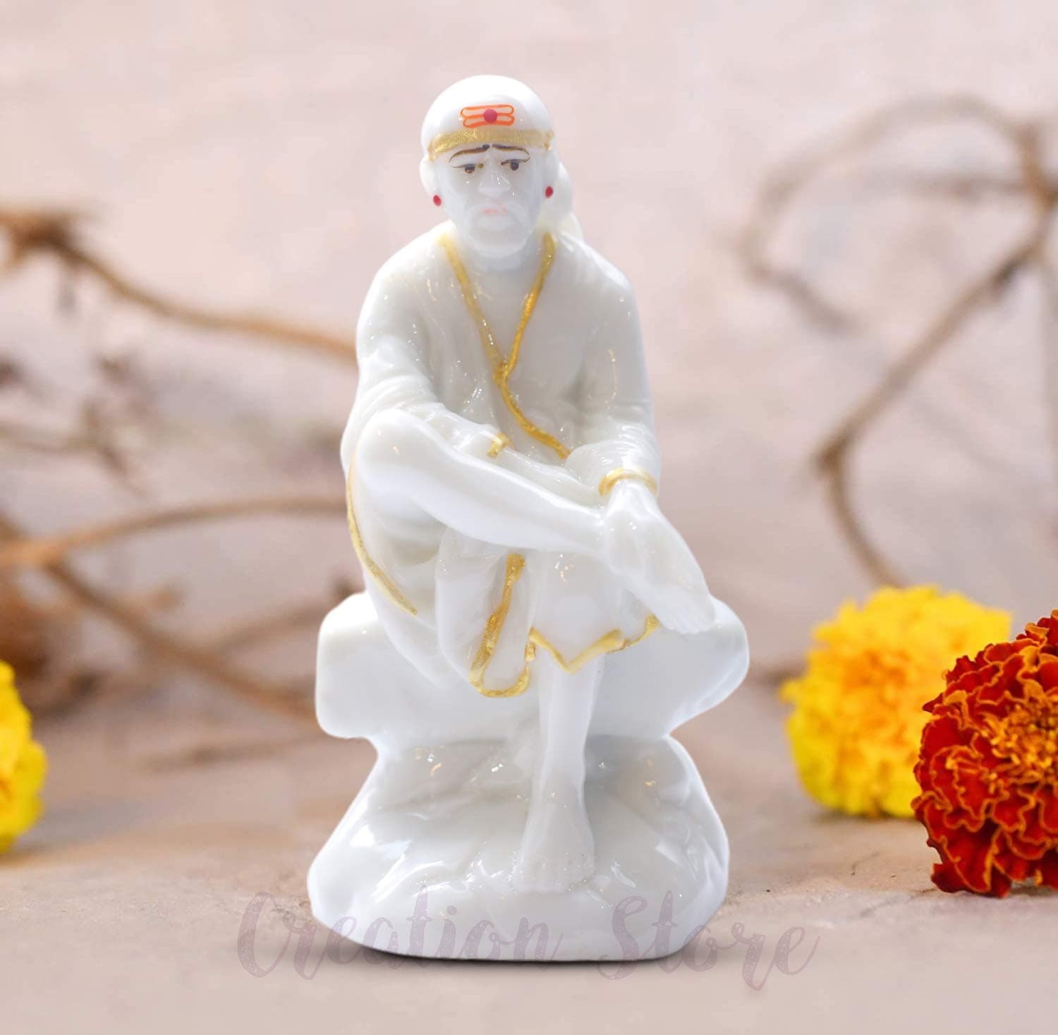 CREATION STORE Sai Baba Statue Marble Dust Murti for Home Pooja & Car Dashboard | Sai Baba Idol Handmade Finishing Sitting on Stone (White, 4.5)