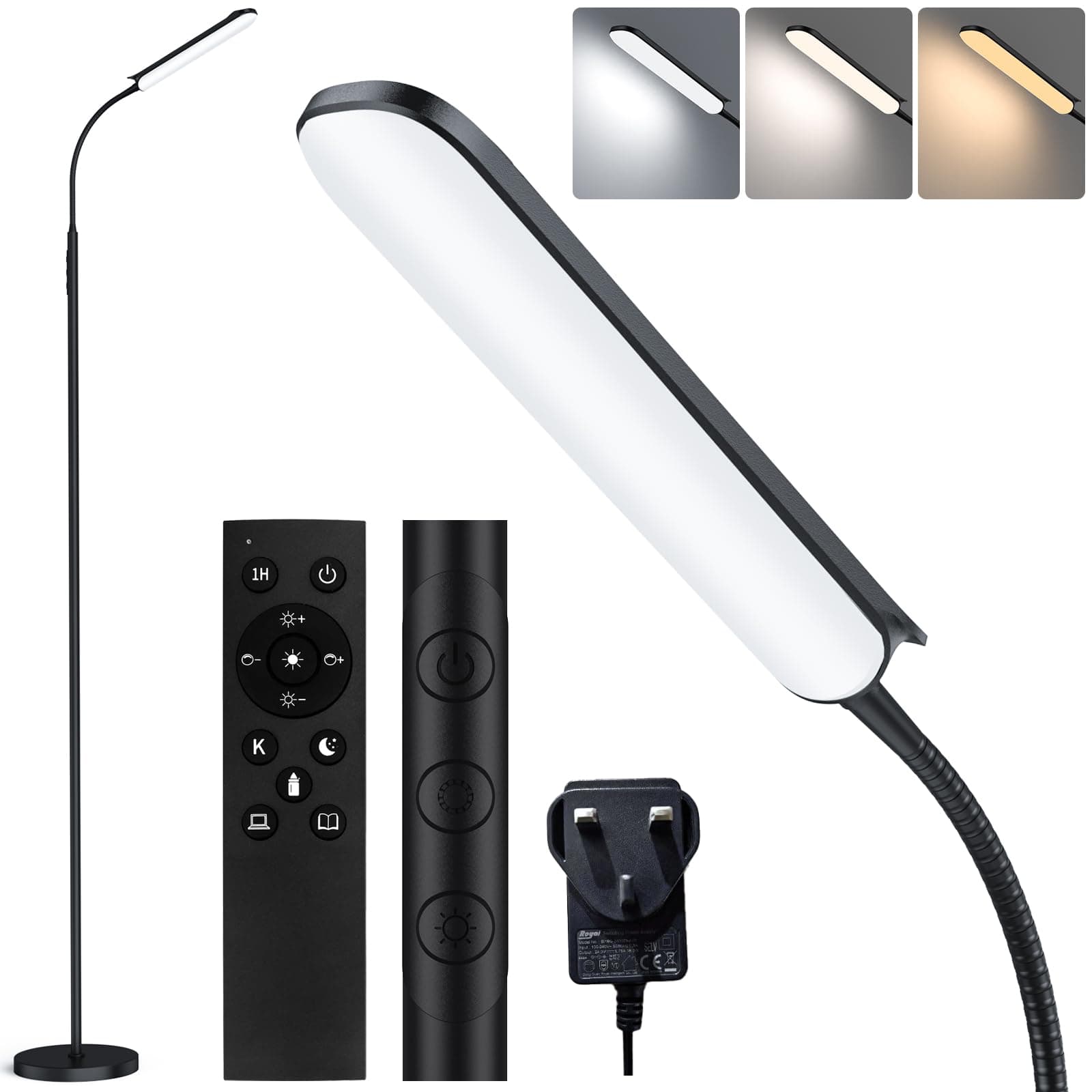 LED Floor Lamp 18W, Dimmable Modern Standing Light with 4 Color Temperature, Remote & Touch Control, 360° Adjustable Gooseneck, 1Hour Timer, Reading Floor Lamp For Living Room Bedroom Office(Black)