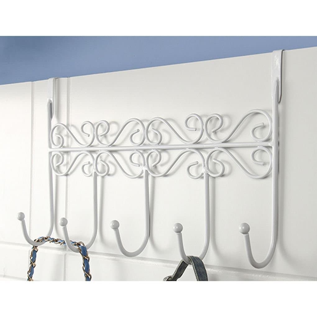 TopkerOver Door Hooks Hanger with 5 Hooks Coat Clothes Bag Storage Rack Metal Wall Hanger Saves Space for Bedroom, Kitchen, Bathroom & Living Room 4.5-4.8cm Thickness Door Hanging Rack (white)