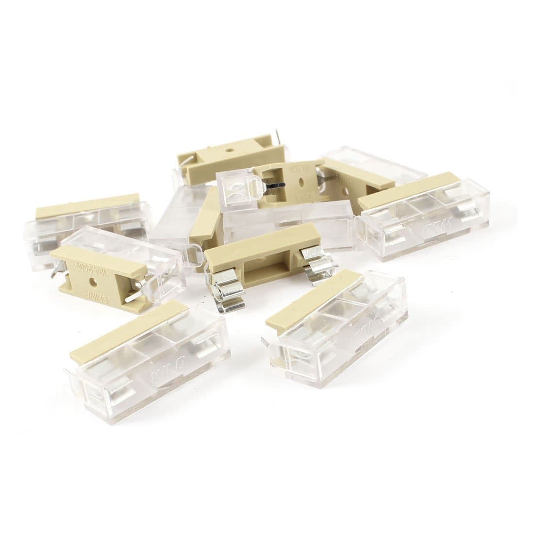 IIVVERR 10pcs 6 x 30mm PCB Panel Mounted Double Pins Terminals Fuse Cover Carrier Clear Beige 250V 10A (10 unids 6 x 30 mm PCB Panel Montado P-ER-NO-S dobles Terminales Fusible Cubierta Portador Claro