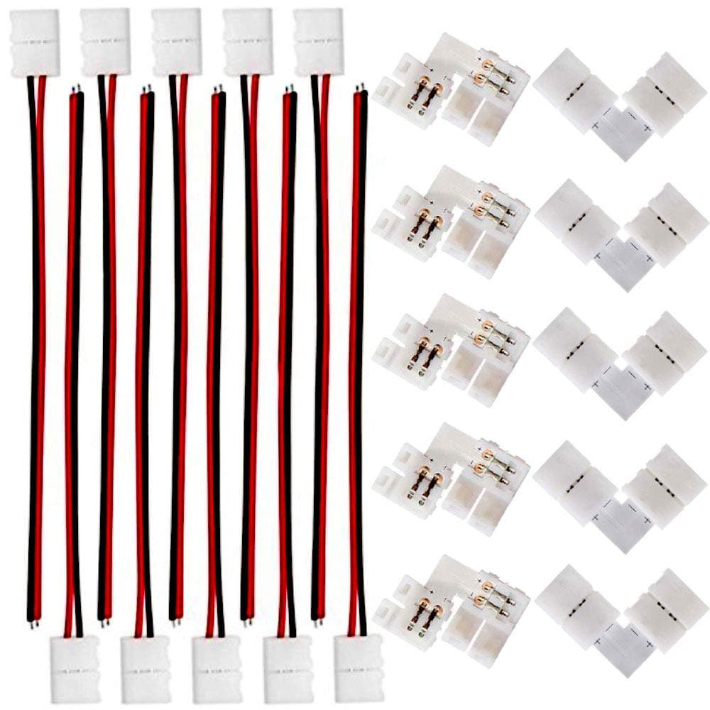 FSJEE 8mm 3528/2835 LED Strip Light Connectors Kits with 10PCS L Shape 2 Pin Right Angle Corner Solderless Connector and 10PCS 2 Pin 8mm Wide LED Solderless Connect Wire for 2835 Single Color Strips
