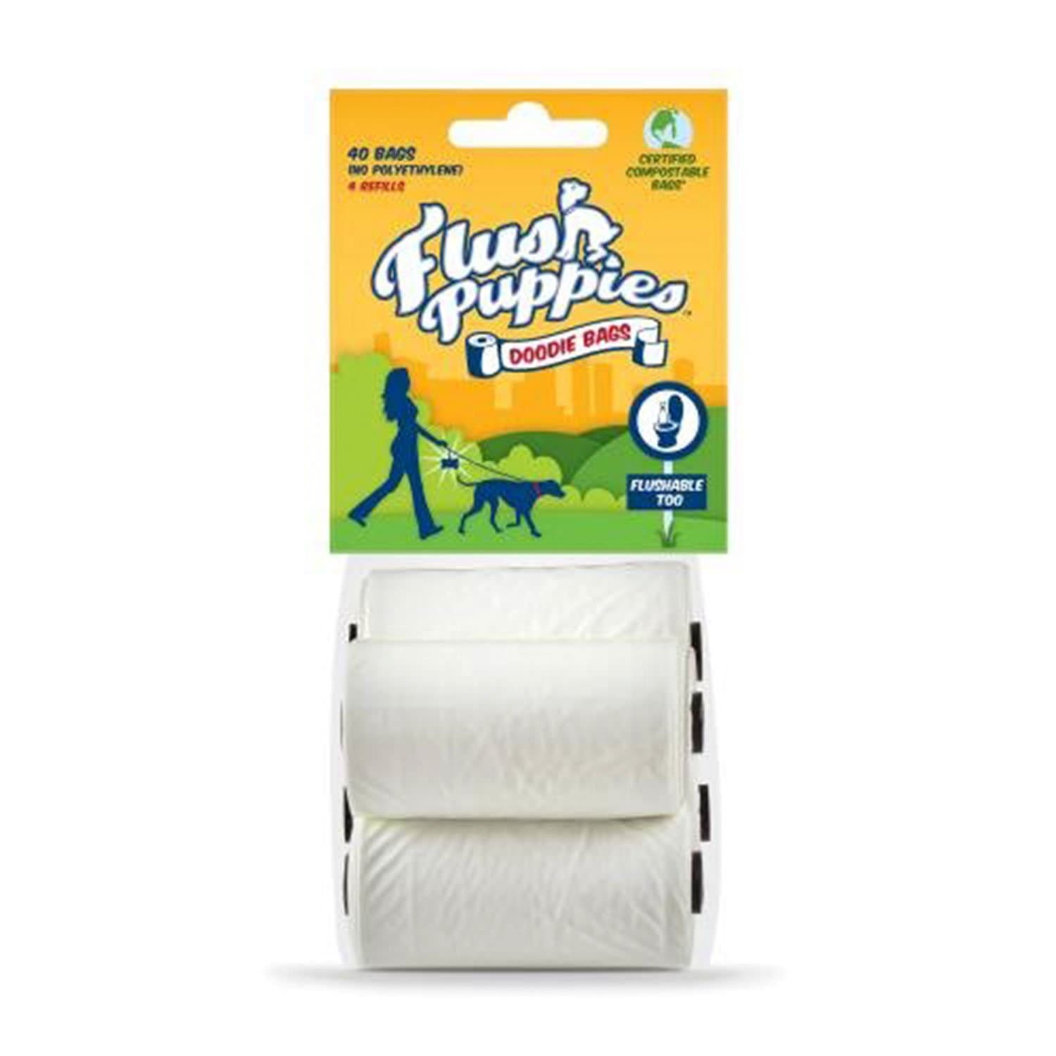 Flush Puppies Doodie Bags, Flushable & Certified Compostable, 4 Refill Rolls (40 Bags)