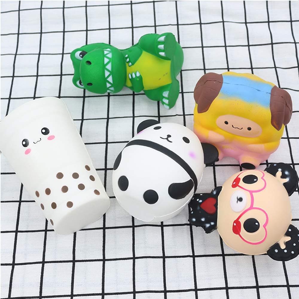 RongFa 5 pcs Cream Scented Squishies Rising Decompression Squeeze Toys Children Simulation Cute Doll Toys Bear cat Egg Tyrannosaurus Rex Eye Bear Cotton Sheep Milk Tea Cup