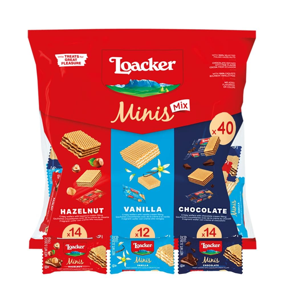 - Loacker Minis Wafer Variety Pack - 30% Less Sugar - Premium Cream Filled Wafer Cookies - Mix of Hazelnut, Chocolate and Vanilla - NON-GMO - Sustainably Sourced - 40 Individually Wrapped Snack Packs