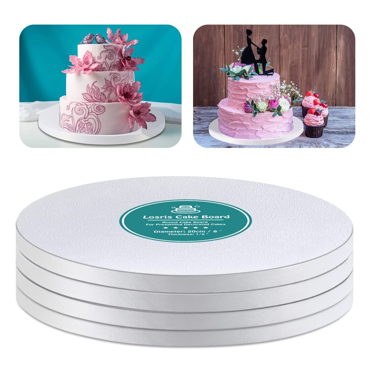White Cake Drums Round 14 Inch Cake Boards with 1/2-Inch Thick Smooth Edges for Multi Tiered Birthday Wedding Party Cakes Drum Board