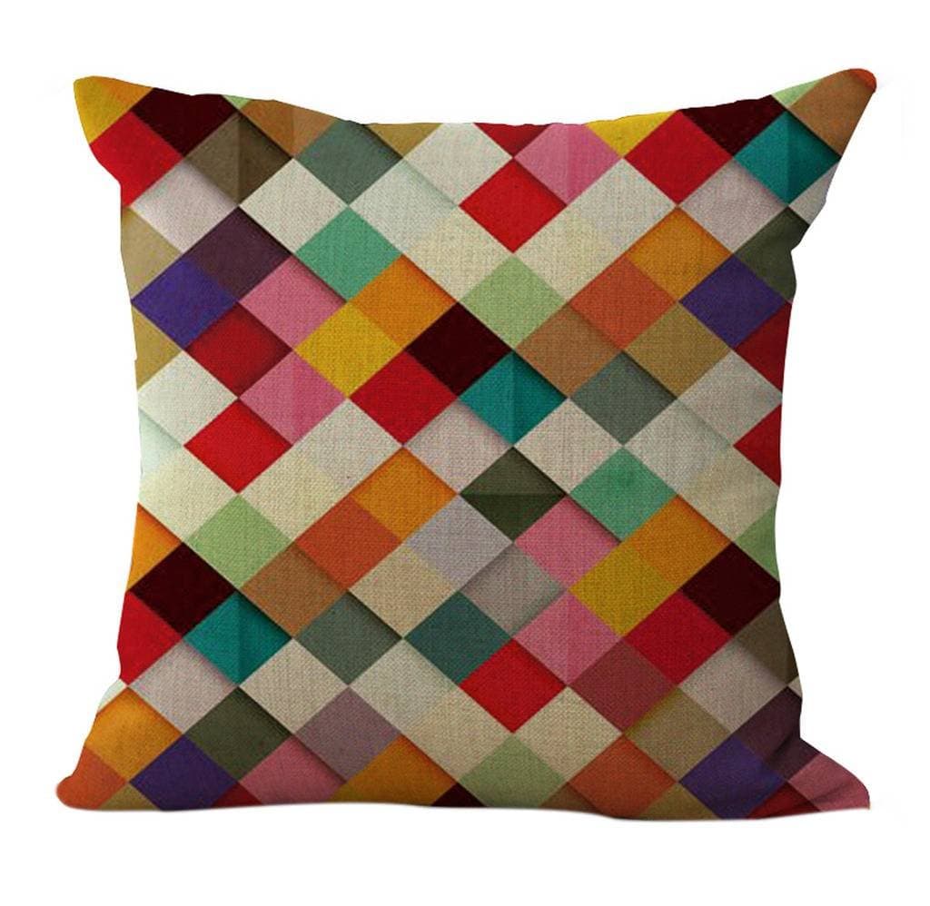 ChezMax Linen Blend Abstract Colorful Geometry Pattern Sofa Seat Cushion Cover Cotton Pillowslip Square Decorative Throw Pillow Case 18 X 18''
