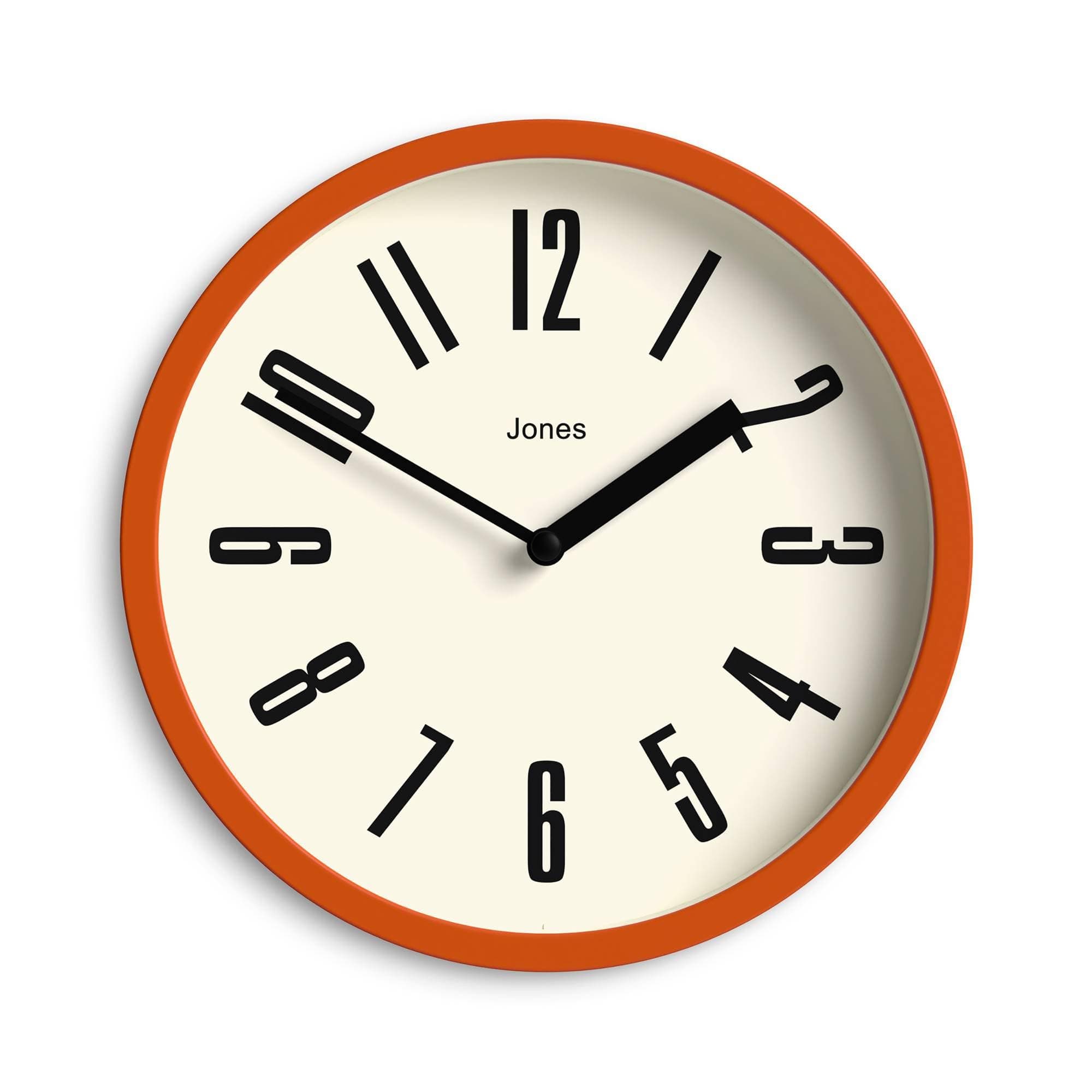 Jones Clocks® Hot Tub wall clock | Small retro round clock | 20cm | Orange | Easy to read numbers | Ideal for kitchen, office, children’s room or any small space