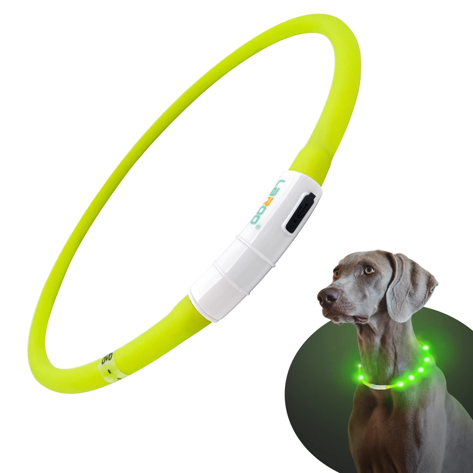 LaRoo LED Light Up Dog Collar, Silicon USB Rechargeable Glow Light Collar for Dogs, Waterproof Adjustable Flashing Dog Collar for Dark Identified Outdoor Training Playing (Green, 70cm*1cm)