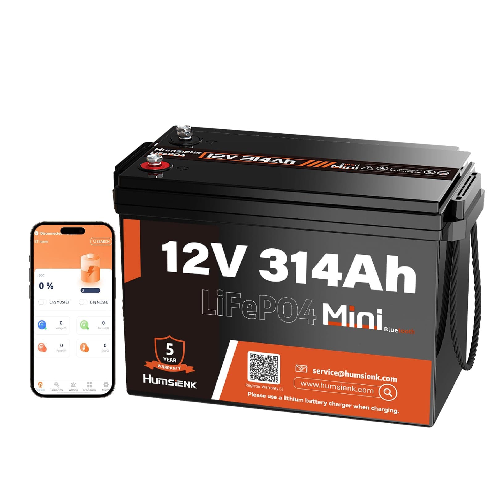 Bluetooth 12V 314Ah LiFePO4 Lithium Battery MINI, Max. 4190Wh Energy, EV A+ Cells, Built-in 100A BMS, 15000 Deep Cycles Battery