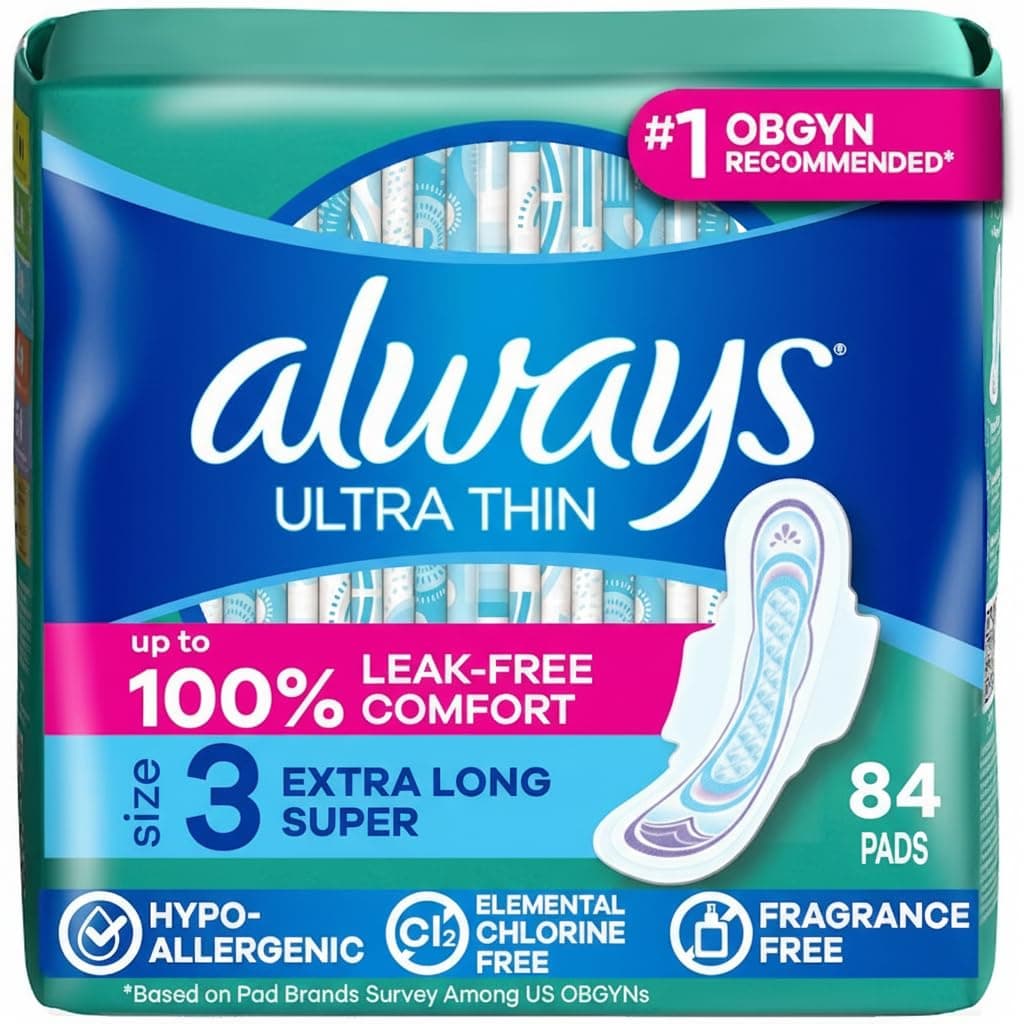 Ultra Thin Pads with Wings, Size 3, Extra Long Super, 84 Count (3 Packs of 28)