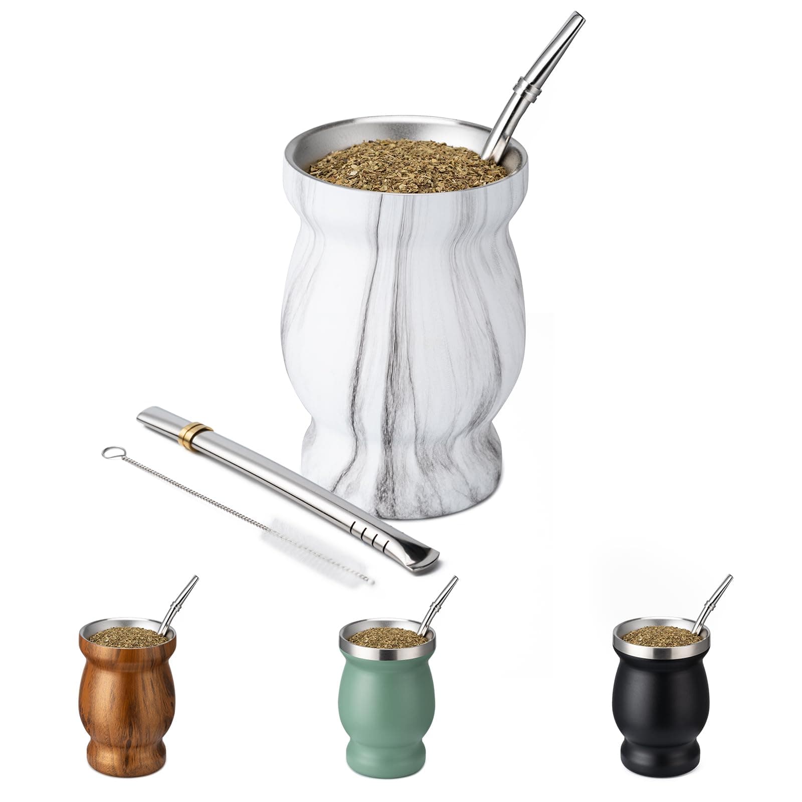 Husfunov 8oz Yerba Mate Cup, 304 Stainless Steel Double-Wall Mate Cup, Heat Insulation Yerba Mate Gourd, Tea Cup Set Includes Cleaning Brush & 2 Bombillas (Marble)