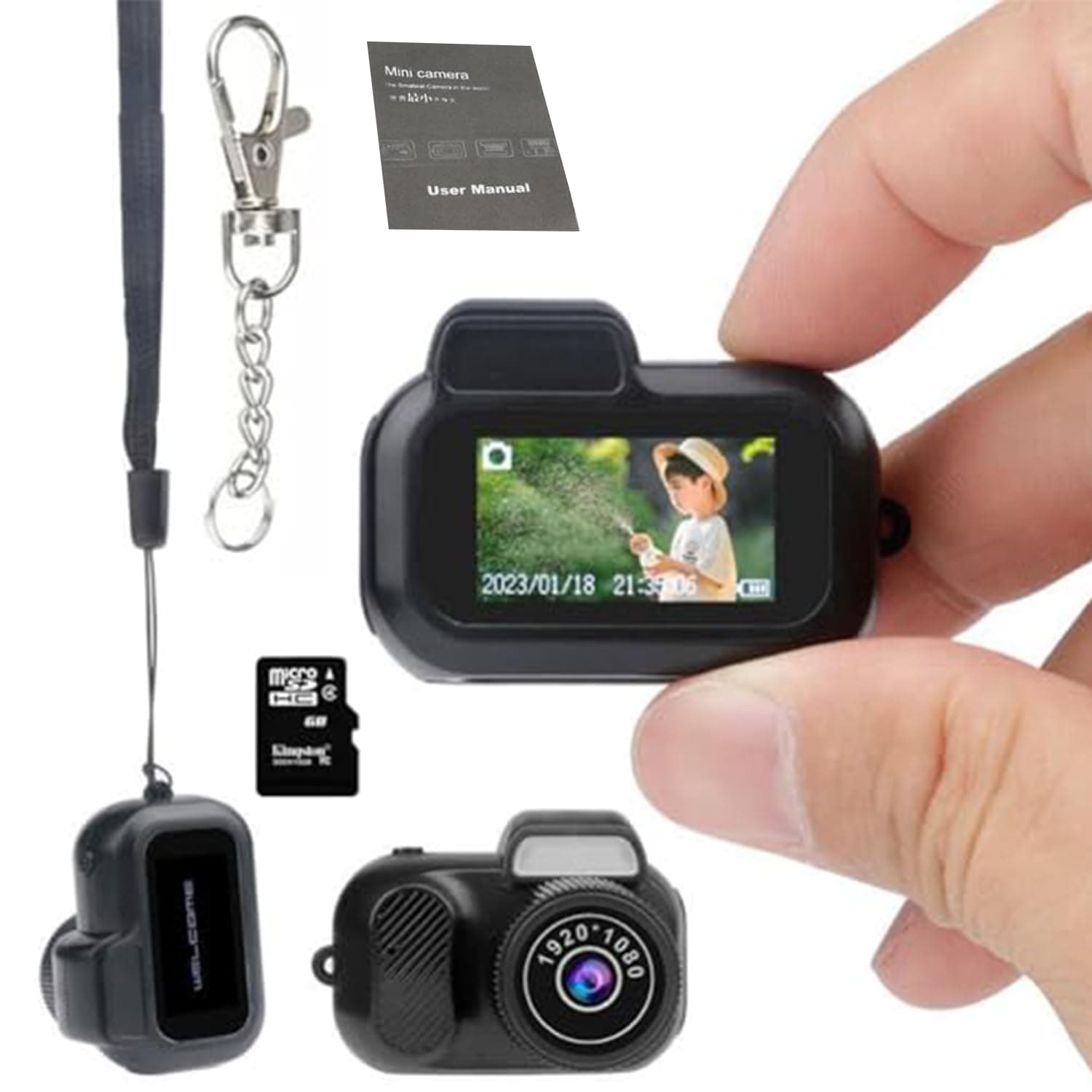 Keychain Camera, World's Smallest 1080P HD Mini Camera, Retro Portable Mini, 100 Mins Battery Life, for Students, Kids (16G)