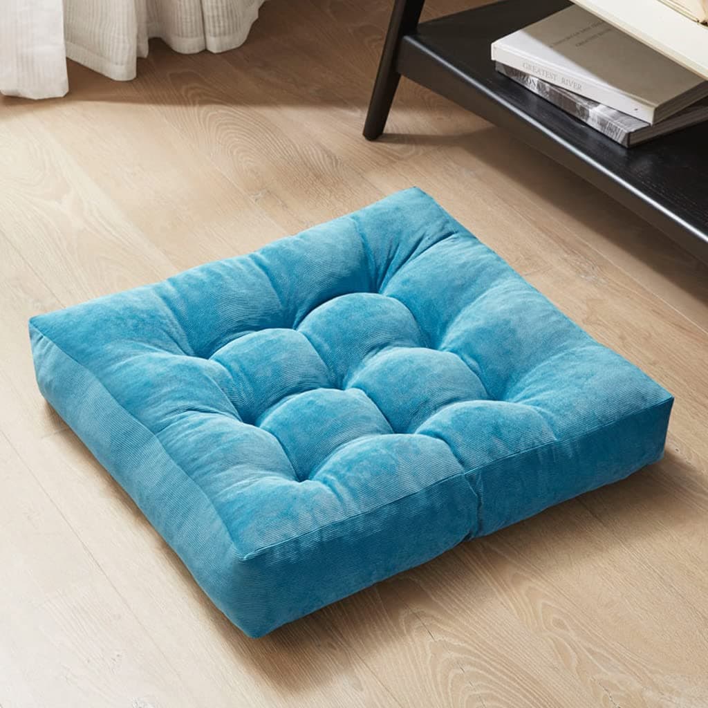 Meditation Floor Pillow, Square Large Pillows Seating for Adults, Tufted Corduroy Thick Cushion for Living Room Tatami, Turquoise, 22x22 Inch