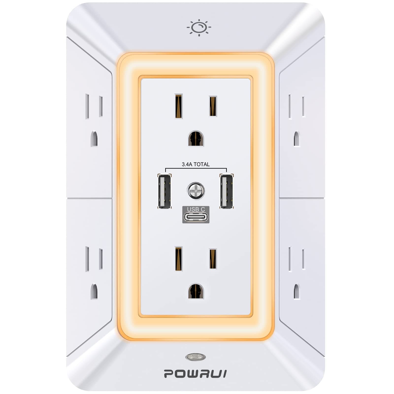 Multi Outlet Surge Protector - 6 Outlet Extender with 3 USB Ports (1 USB C) & Night Light, 3 Side Power Strip with Spaced Outlets Adapter, Color