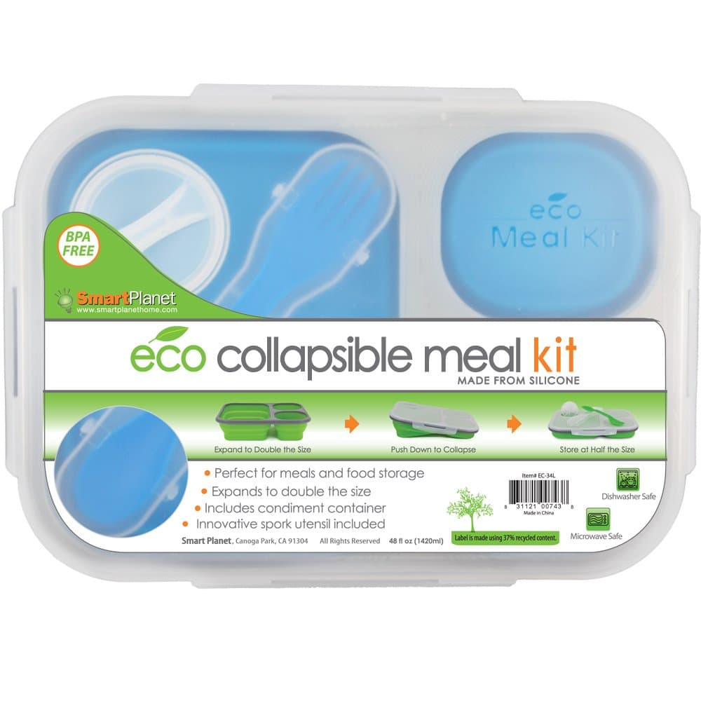 Smart Planet EC-34 Large 3-Compartment Eco Silicone Collapsible Meak Kit Lunch Box, Blue