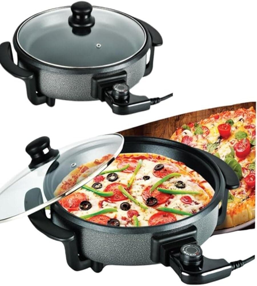 Electric Pizza Pan, Multifunctional Cooking Pan with Glass Lid, Handle & Heat Adjustable Thermostat Power Cord, 42x42CM Surface & 9CM Depth Frying Pan, Electric Pizza Maker (Pizza Pan)