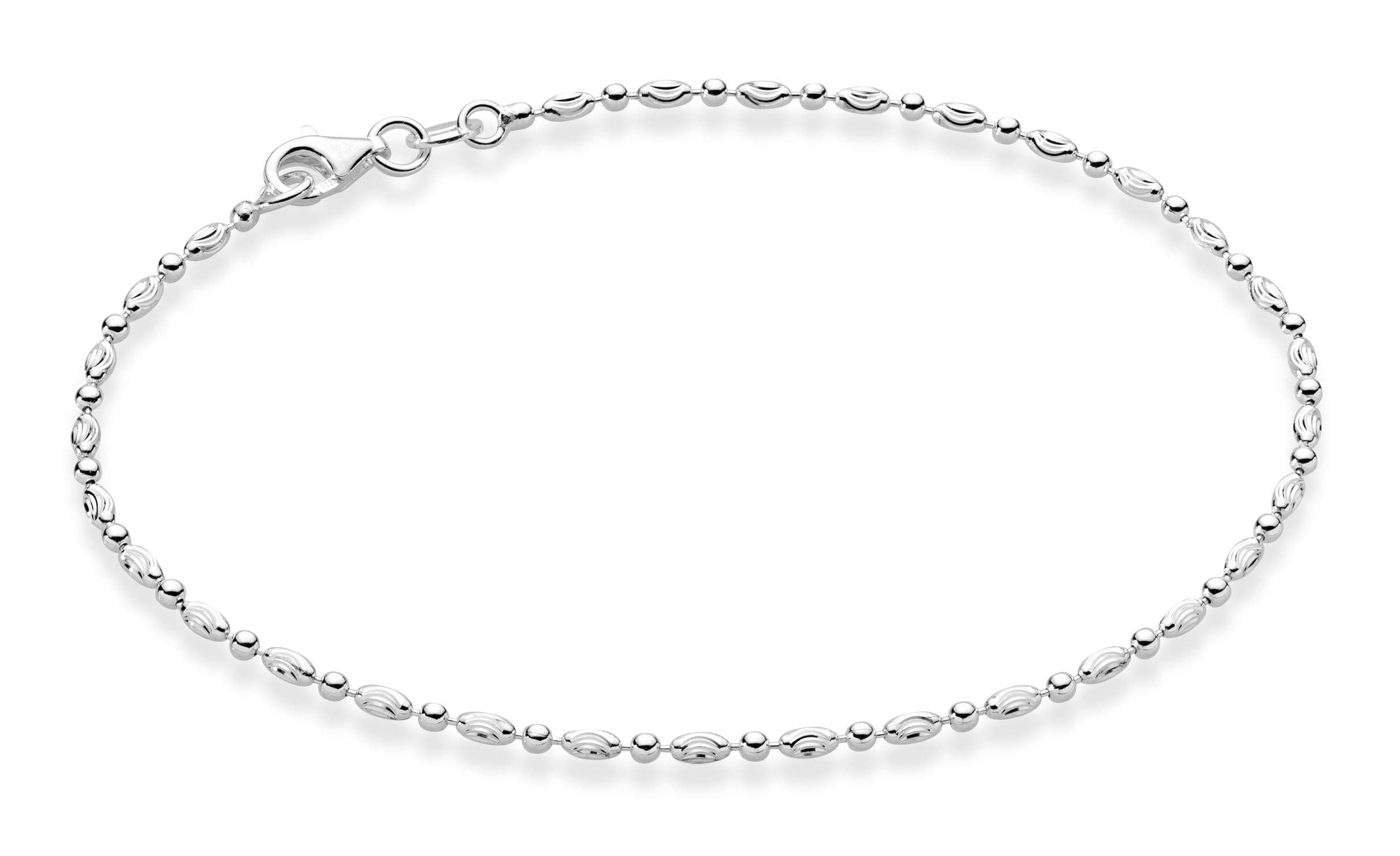 Miabella 925 Sterling Silver Diamond-Cut Oval and Round Bead Ball Chain Anklet Ankle Bracelet for Women, Made in Italy
