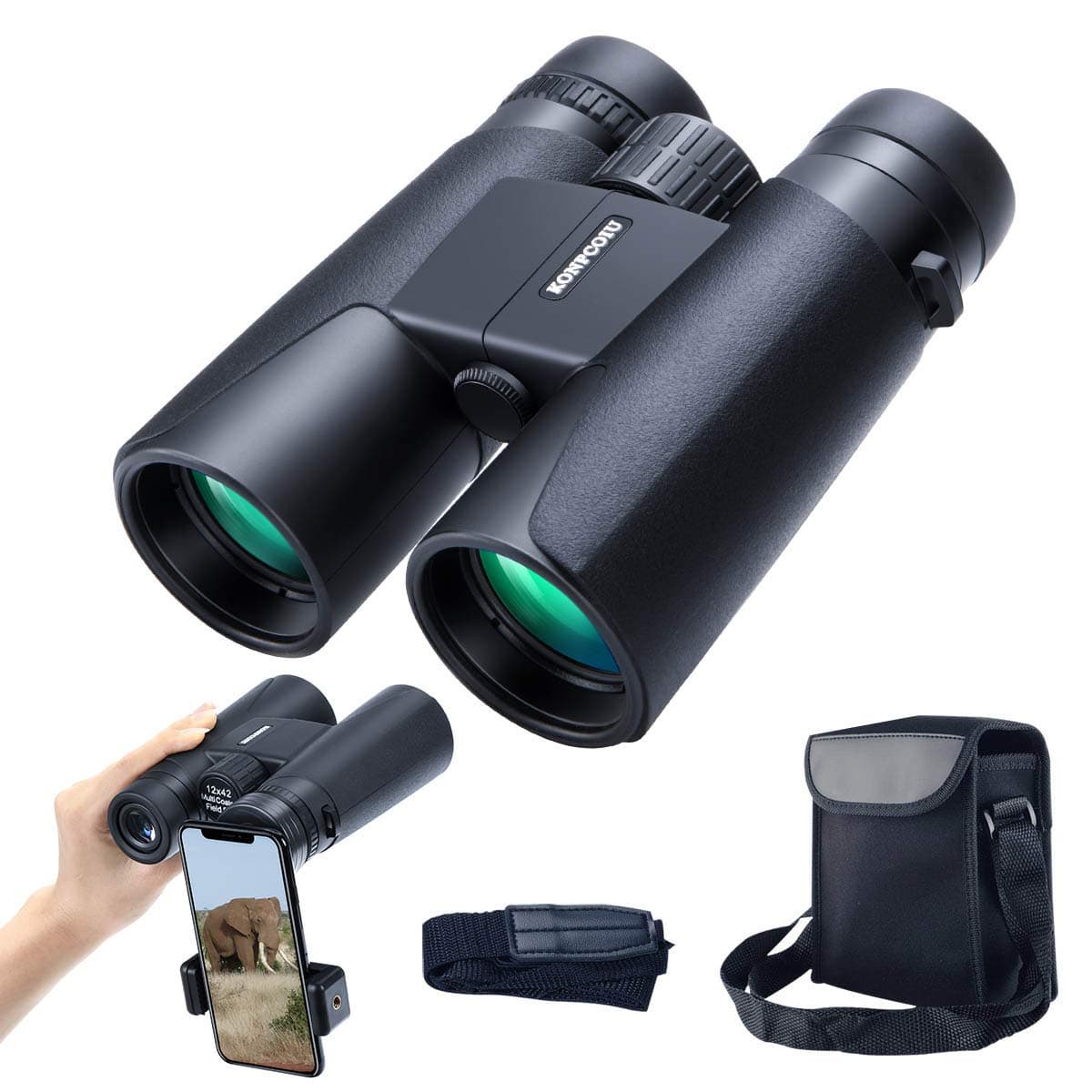 12x42 Binoculars for Adults, Portable and Waterproof Compact Binoculars, HD Clear High Power Large View Binoculars with Upgraded Phone Adapter for Bird Watching, Hunting