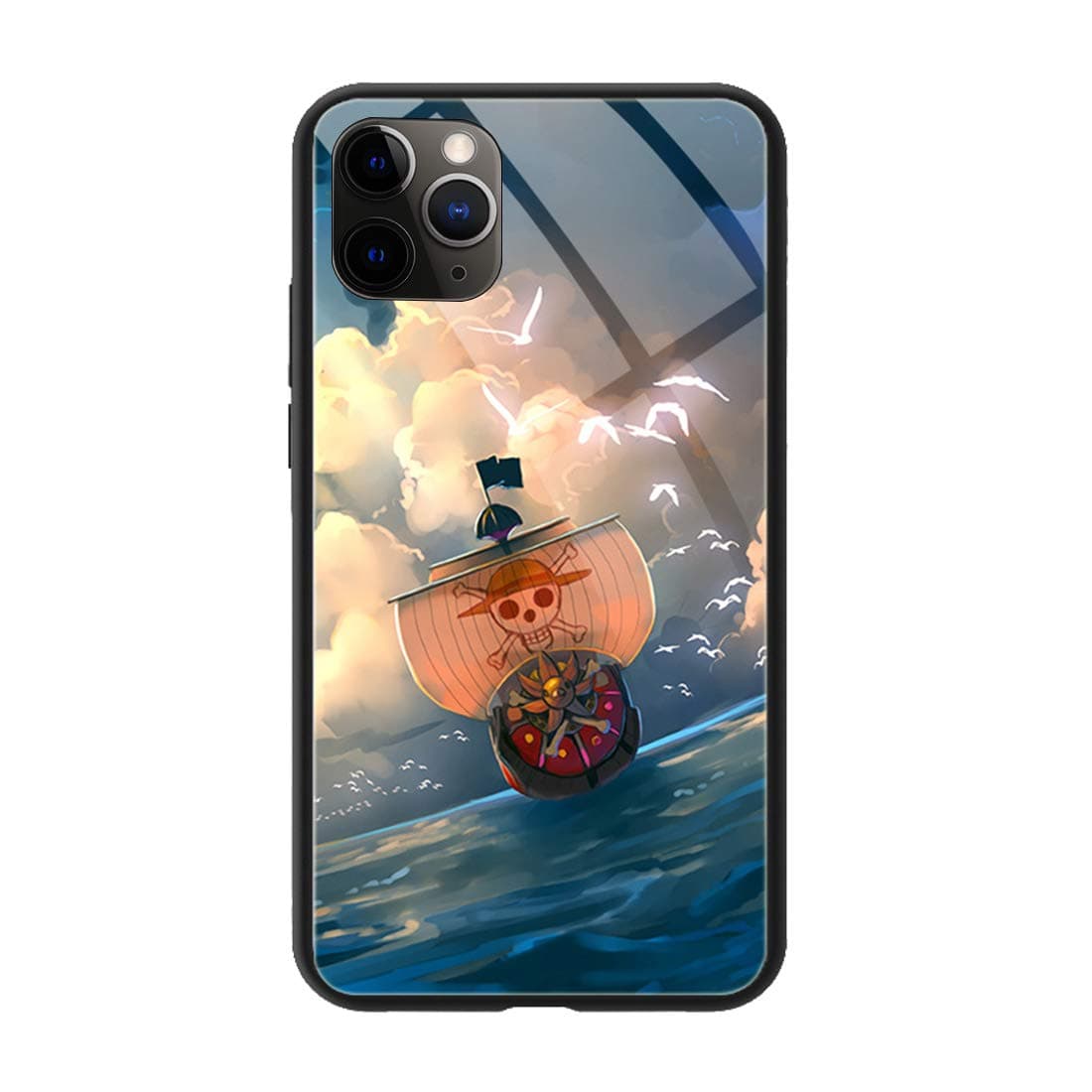 Phone Case Compatible with iPhone 11 Pro, Anime One Piece Thousand Sunny Pattern Tempered Glass Back Cover Soft Silicone Anti Scratch Bumper Design Phone Cases 5.8 inch