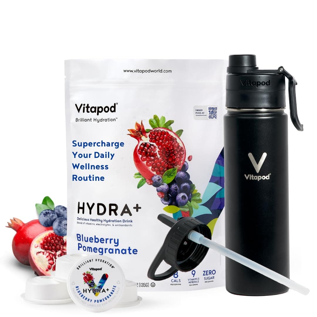 Vitapod Hydra+ Blue Pomegranate Flavored Water Enhancer Pods Starter Bundle, Water Flavoring, Sugar Free, Vitamin C, Vitamin D, Zinc, 30 Pods, 22 oz Stainless Steel Water Bottle, Black