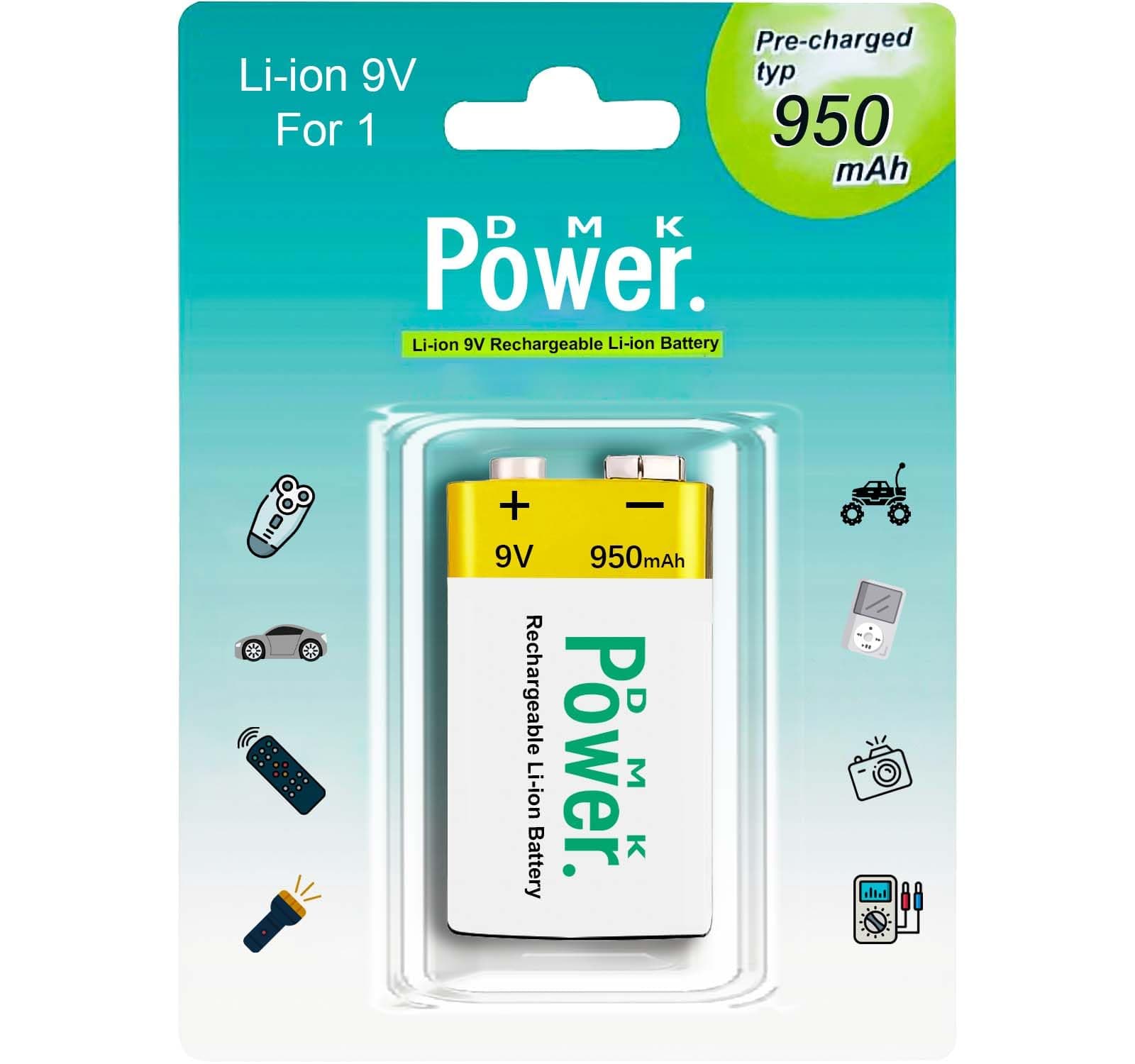 DMK Power 9V 950mAh Rechargeable Li-ion Batteries, Low Self-Discharge Square Battery (1pc)