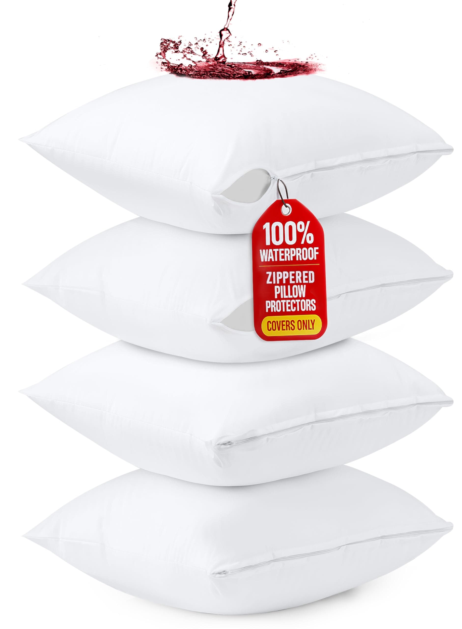 4 Pack Waterproof Throw Pillow Protectors with Zipper 26 x 26 Inches (White), Bed Bug Proof Pillow Case Covers, Moisture Wicking Pillow Encasements