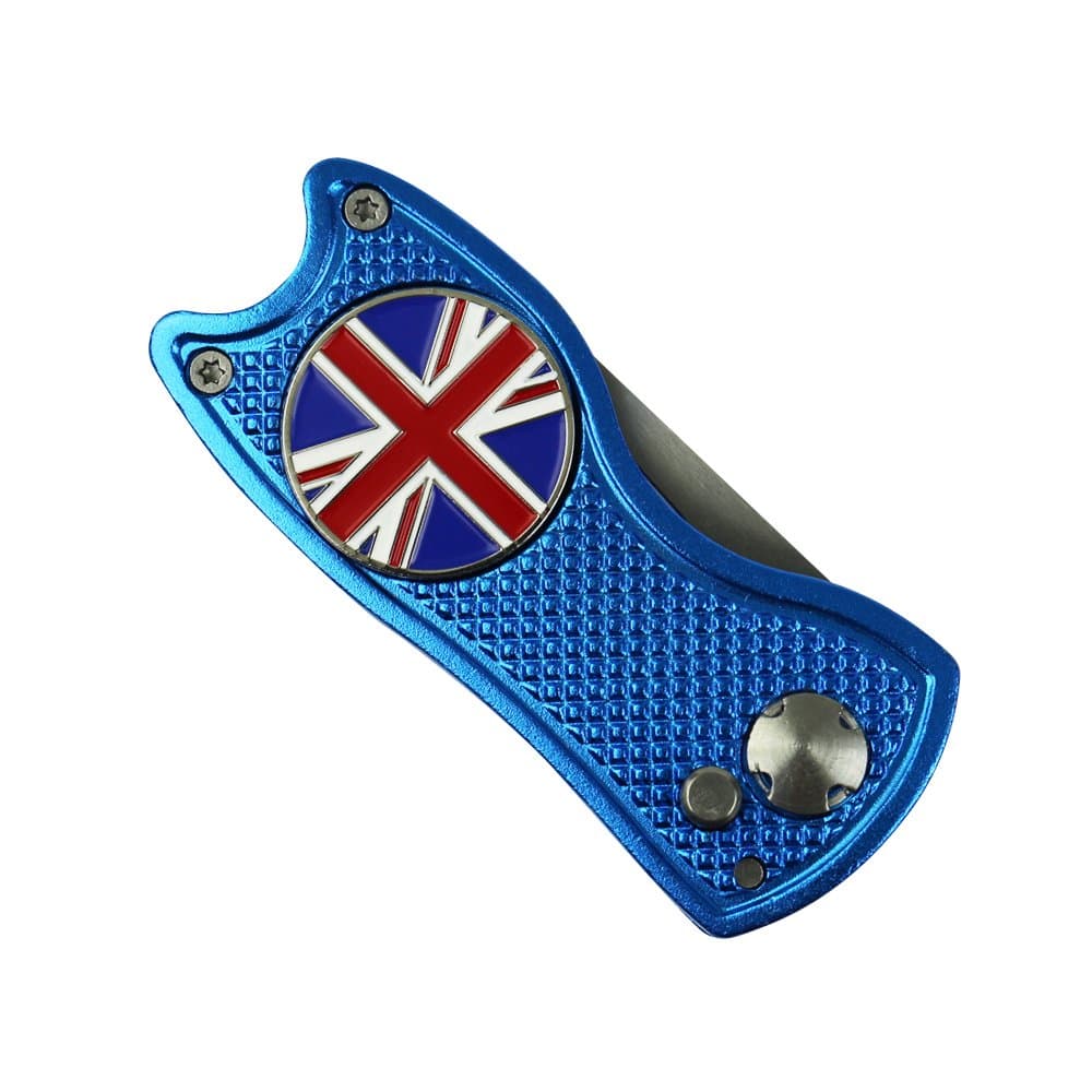 PINMEI Switchblade Golf Divot Tool with UK Flag Golf Ball Marker Golf Repair Pitch Fork Golf Repair Divot Tool