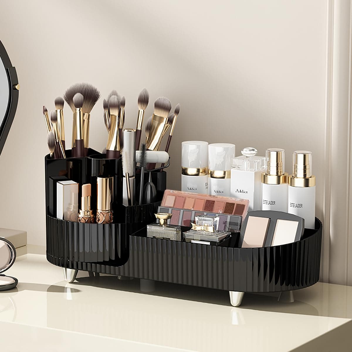 Makeup Organizer Countertop Rotating Makeup Organizer for Vanity Large Capacity Cosmetic Display Case with Makeup Brush Holder Cosmetic Organizer Countertop(Black)