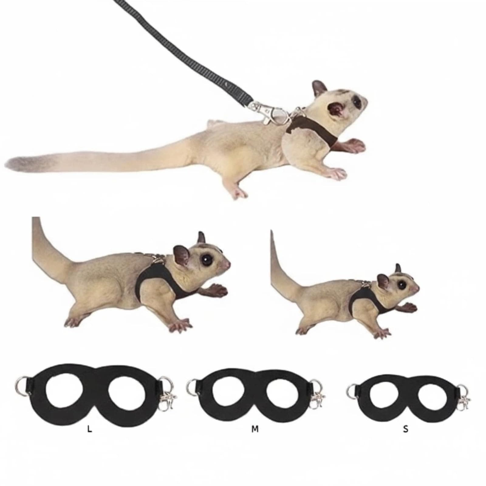 MANON ROSA Sugar Glider Harness & Leash Set - Escape-Proof 3-Piece Adjustable Vest for Squirrels Rats Mice Mouse & Small Animals - Hamster Gerbil Walking Gear, Pet Toy Accessories, Black