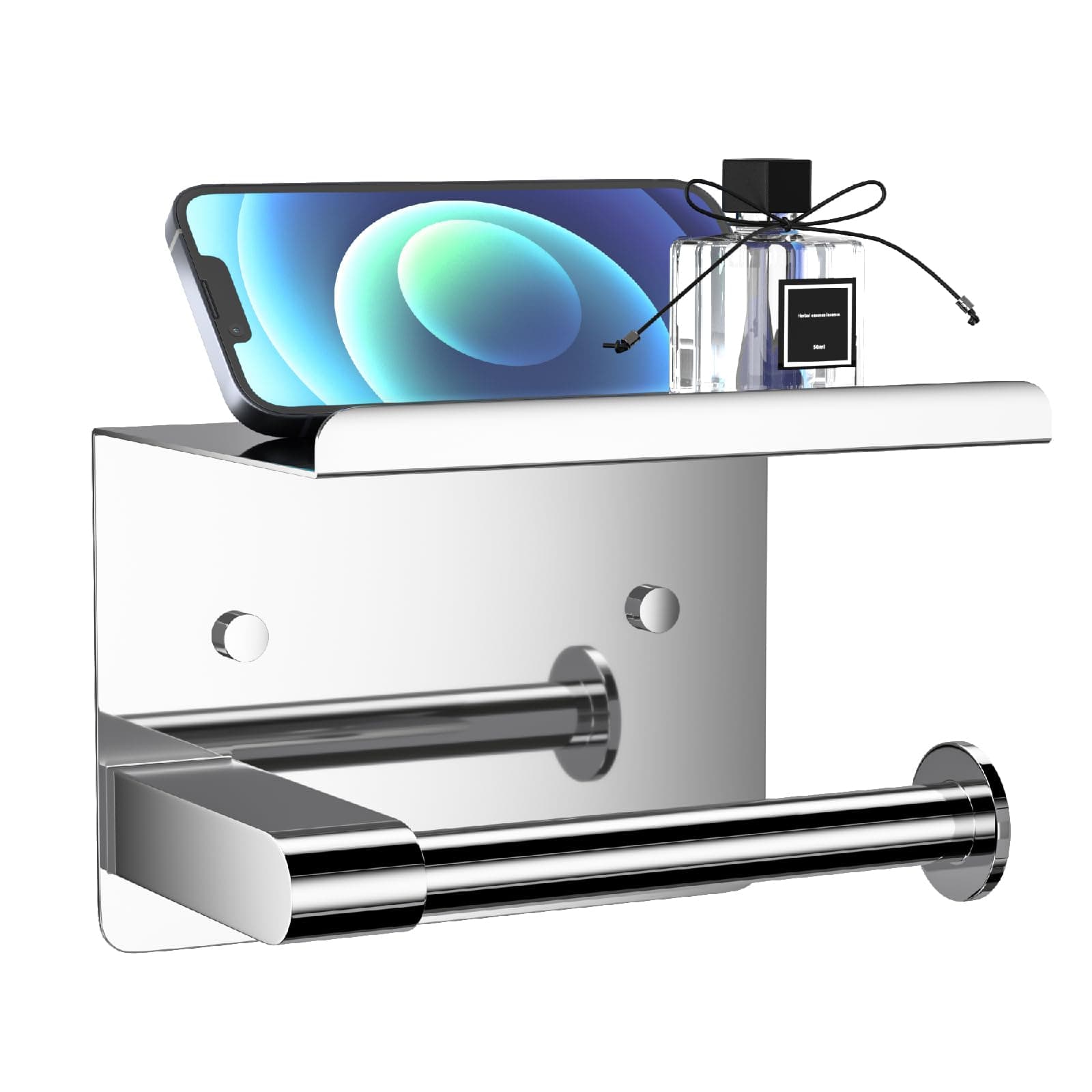 Chrome Toilet Paper Holder Wall Mount, Fits Mega Rolls Size Sliver Toilet Paper Holder with Shelf, Rustproof Stainless Steel Toilet Roll Holder, Self Adhesive Toilet Paper Holders Chrome