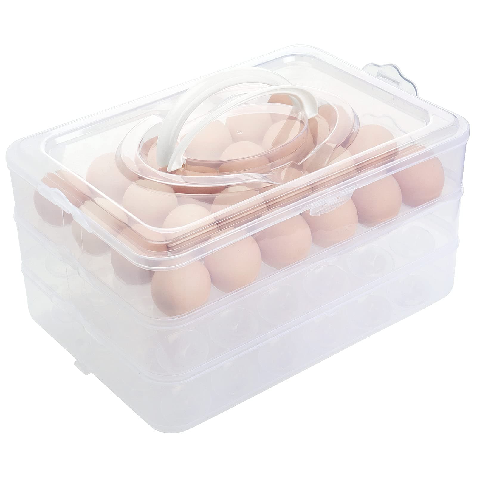 JOIKIT3-Layer Clear Egg Holder, 72 Eggs Deviled Egg Tray with Lid, Stackable Deviled Egg Carrier, Portable Egg Container with White Handle for Fridge Freezer Storage