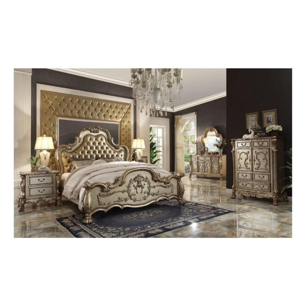 Dresden Eastern King Bed in Bone Synthetic Leather & Gold Patina