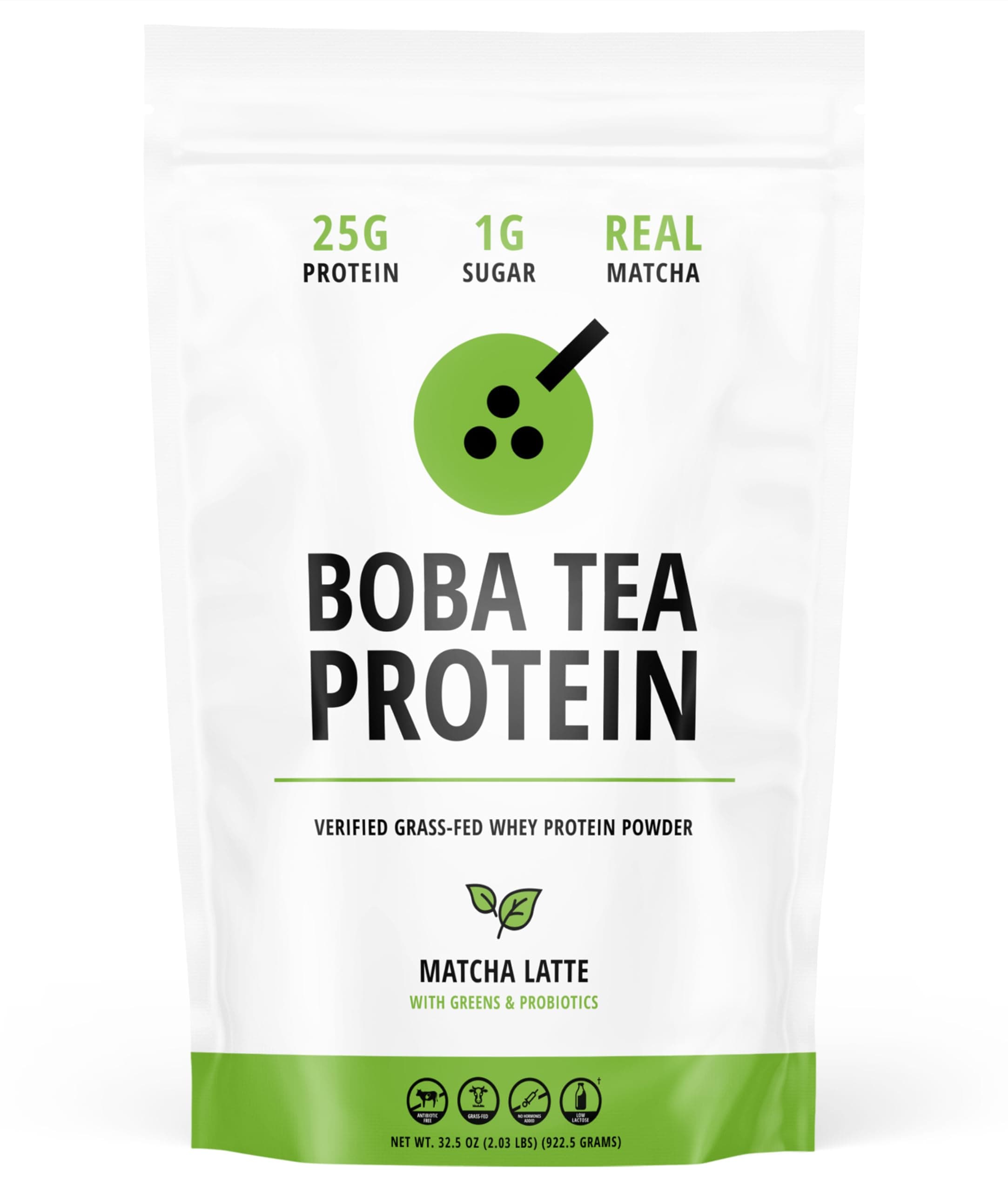 Boba Tea Protein Matcha Latte | 25g Grass-Fed Whey Protein Isolate Powder | Gluten-Free & Soy-Free Bubble Tea Protein Drink | Real Ingredients & Lactose-Free Protein Drink | 25 Servings