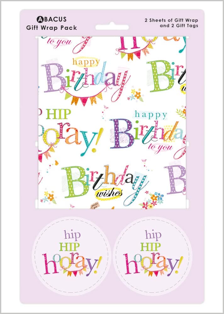 Gift Wrap / Wrapping Paper Pack. 04168A. Happy Birthday, 2 Sheets & 2 Tags