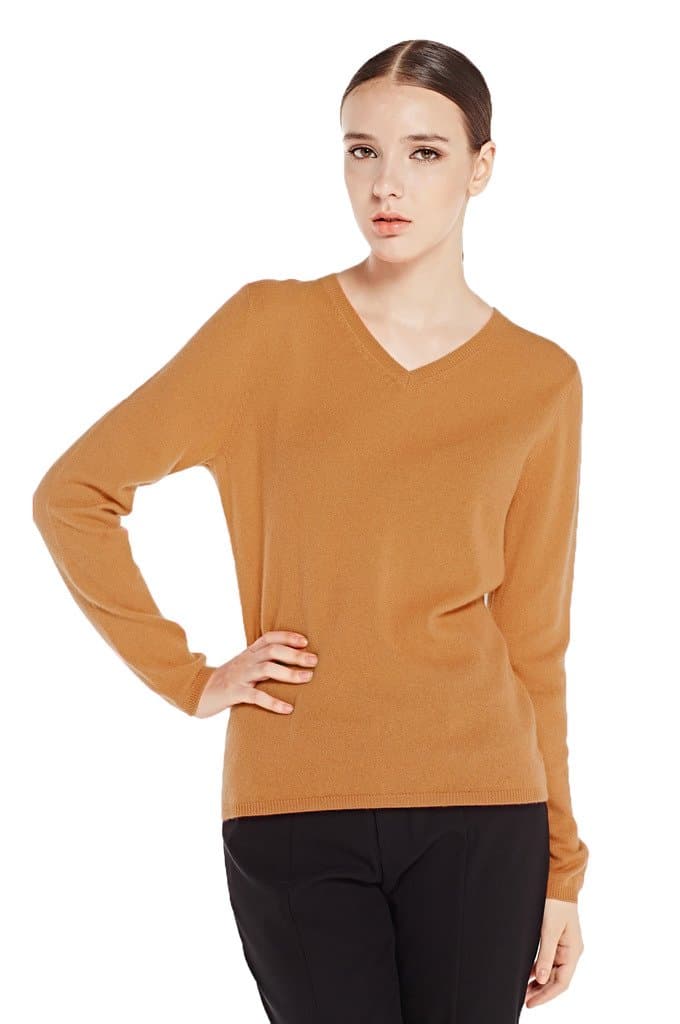 MIUK Women's 100% Cashmere Sweater Basic Slim V-Neck Long Sleeve Pullovers