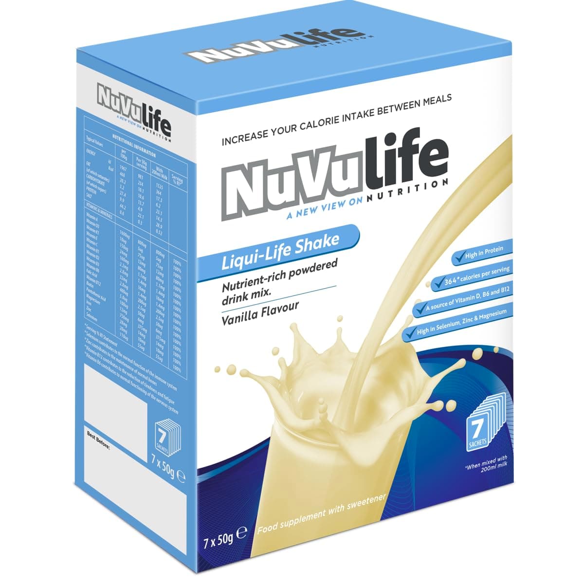 NuVu Life, Liquid-Life Shake. High Calorie, High Protein, Nutrient Rich Powdered Drink Mix for Weight Gain or Meal Replacement (50 g (Pack of 7), Vanilla)