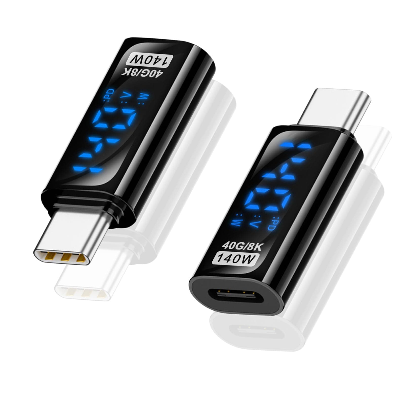 Poyiccot USB C Adapter LED Wattage Display 140W, 40Gbps USB C Extension Adapter, PD 3.1 Type C Power Meter Tester with Digital Display Type C Extender for iPhone MacBook Thunderbolt Charging, 2-Pack
