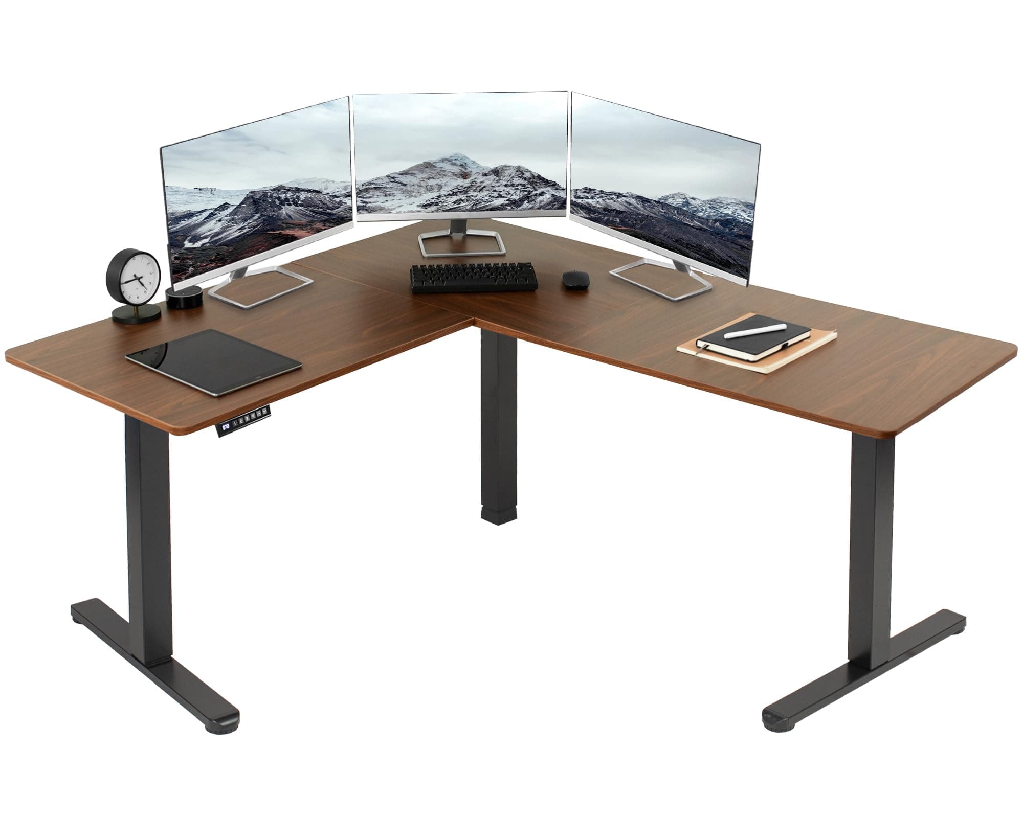 VIVO DESK-E3CTD Electric Corner Right Angle 63" x 55" Standing Desk with Memory Height Adjustment Dark Walnut Top Black Frame