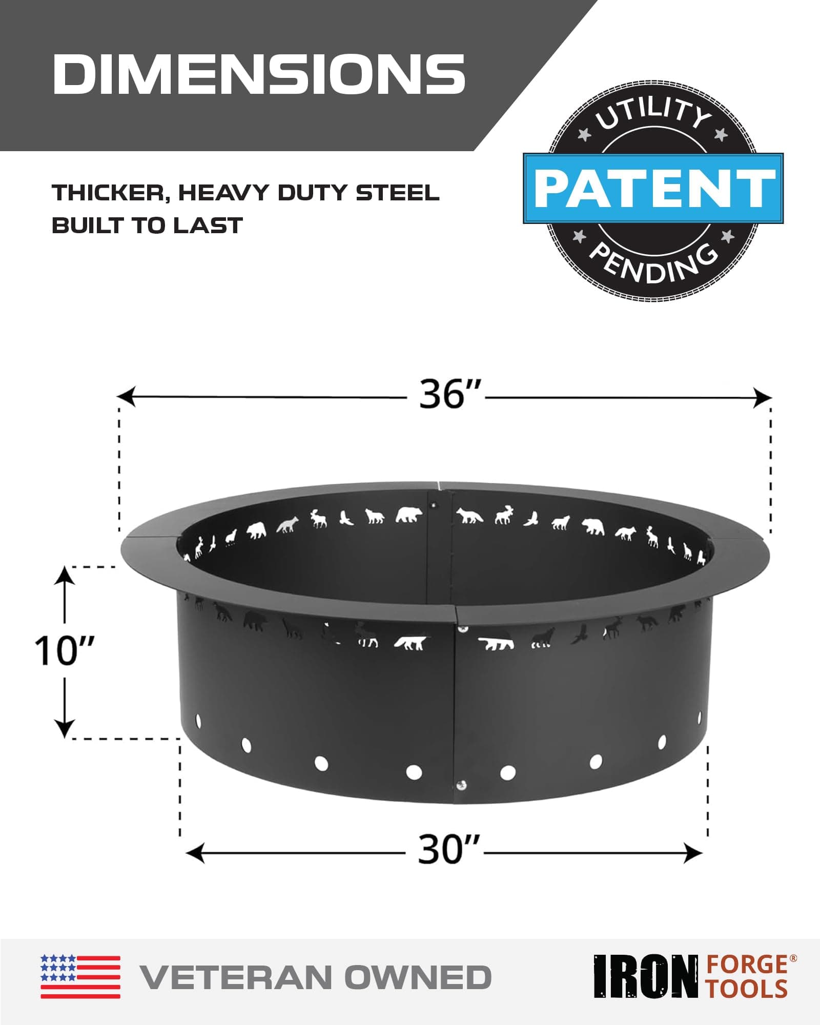 Iron Forge Tools Fire Pit Ring 36 Inch Outer/30 Inch Inner - Outdoor Heavy Duty Metal Round Smokeless Permanent Fire Ring Insert Liner (36x30x10)